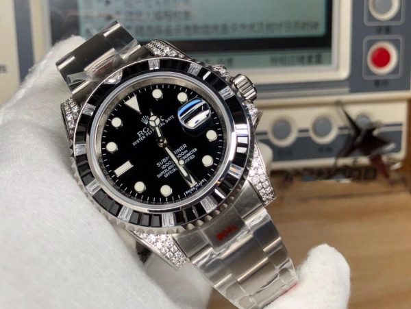 Diamond RLX Submariner Date Watch Black Dial Automatic Stainless Steel